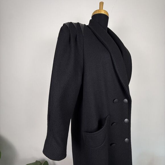 Vintage Jofeld 80s Double Breasted Black Wool & Leather Trench Coat USA ILGWU - Picture 13 of 14